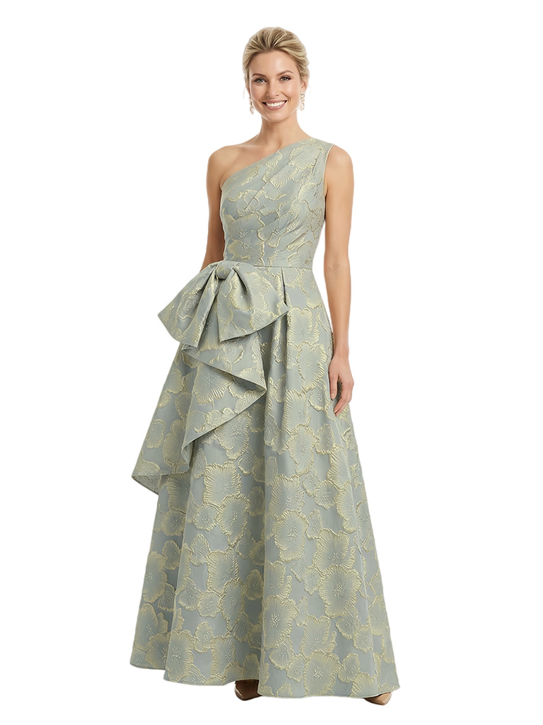 ChicSew Elegant Floral Jacquard One Shoulder Ruffle Bow Knot Long Formal Evening Dresses