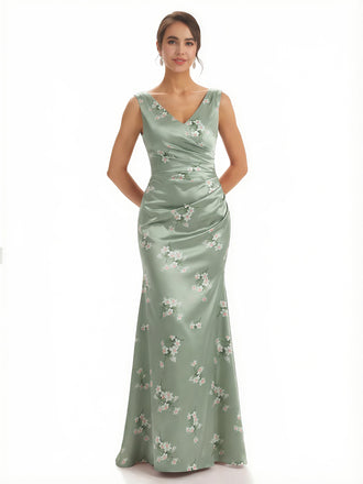 Trendy V-Neck Mermaid Floral Satin Maxi Floral Formal Evening Dresses For Women