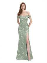 Elegant Off Shoulder Mermaid Side Slit Floral Satin Maxi Floral Formal Dresses For Women