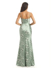 Elegant Spaghetti Straps Side Slit Mermaid Floral Satin Maxi Floral Formal Dresses For Women