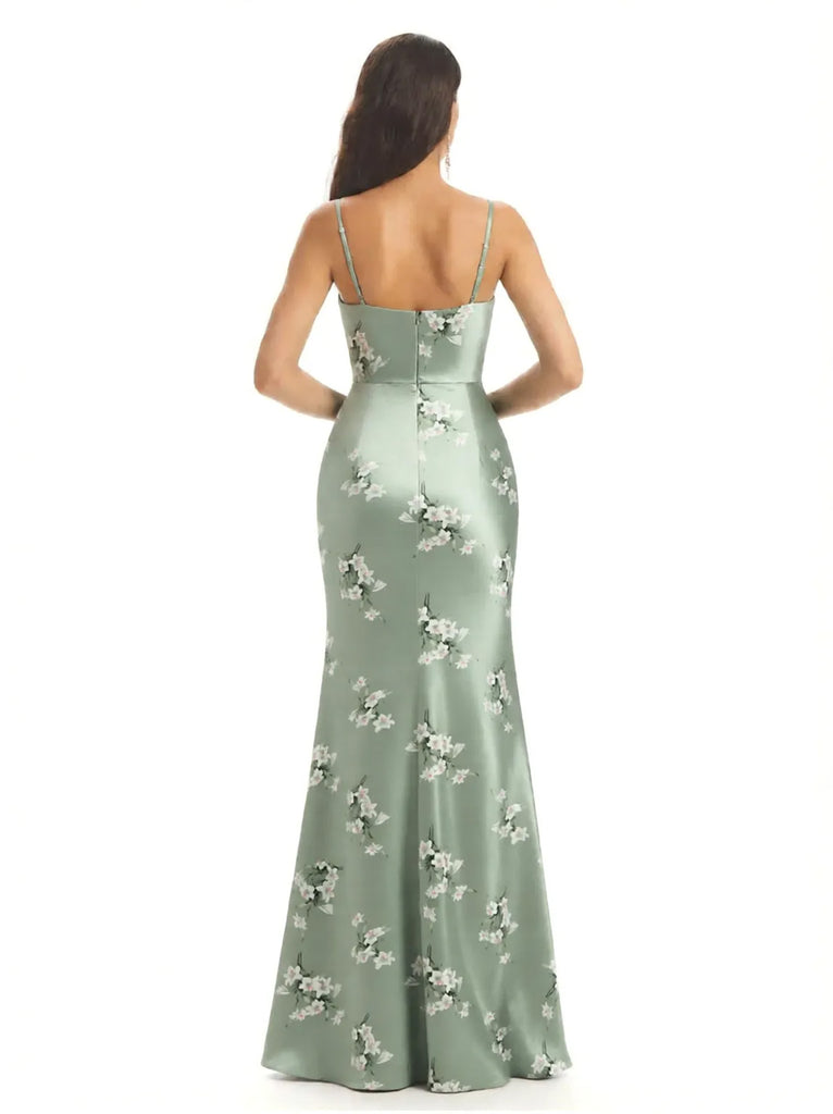 Elegant Spaghetti Straps Side Slit Mermaid Floral Satin Maxi Floral Formal Dresses For Women