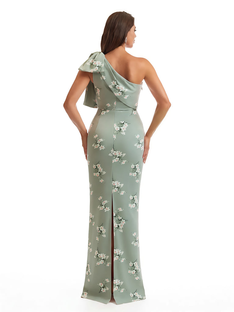 Elegant One Shoulder Mermaid Long Satin Floral Formal Dresses For Women With Back Slit