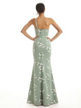Elegant One Shoulder Side Slit Mermaid Floral Satin Maxi Floral Formal Dresses For Women