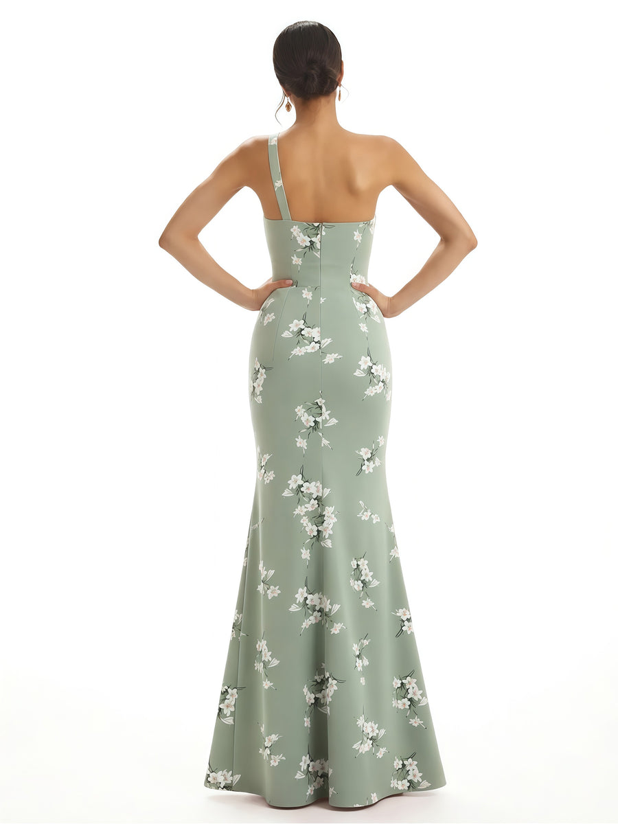 Elegant One Shoulder Side Slit Mermaid Floral Satin Maxi Floral Formal Dresses For Women