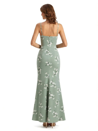 Simple One Shoulder Side Slit Sleeveless Mermaid Floral Satin Maxi Floral Formal Dresses For Women