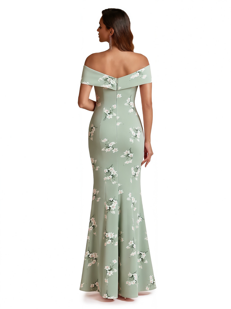 Sexy Off Shoulder Mermaid Long Satin Floral Formal Dresses For Women