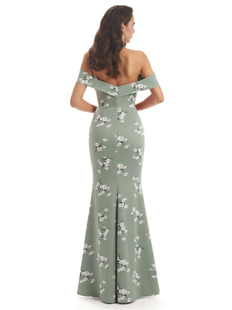 Elegant Off Shoulder Mermaid Floral Satin Maxi Floral Formal Evening Dresses