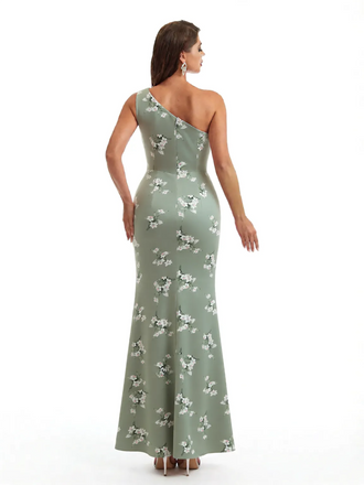 Simple One Shoulder Side Slit Mermaid Floral Satin Maxi Floral Formal Dresses For Women