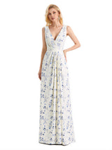Beautiful V-Neck Mermaid Floral Satin Maxi Floral Formal Dresses For Women