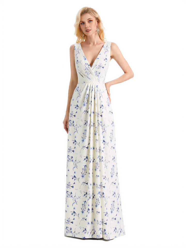 Beautiful V-Neck Mermaid Floral Satin Maxi Floral Formal Dresses For Women