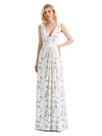 Beautiful V-Neck Mermaid Floral Satin Maxi Floral Formal Dresses For Women