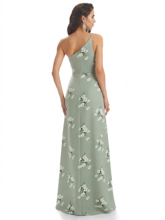 Elegant One Shoulder Mermaid Long Satin Floral Formal Dresses For Women