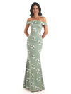 Trendy Off Shoulder Mermaid Floral Satin Maxi Floral Evening Formal Dresses