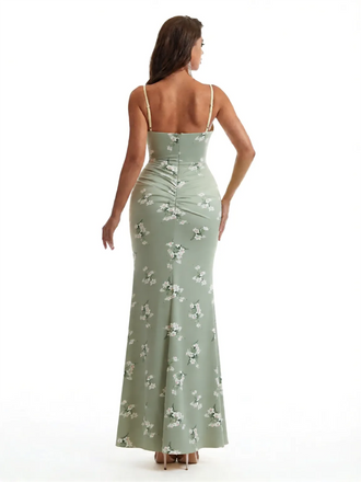 Simple Spaghetti Straps Slit Mermaid Floral Satin Maxi Floral Formal Dresses For Women
