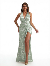Simple Halter Side Slit Mermaid Floral Satin Maxi Floral Formal Dresses For Women