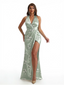 Simple Halter Side Slit Mermaid Floral Satin Maxi Floral Formal Dresses For Women