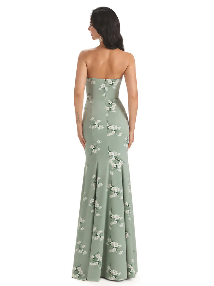 Sexy Sweetheart Side Slit Mermaid Long Satin Floral Formal Dresses For Women