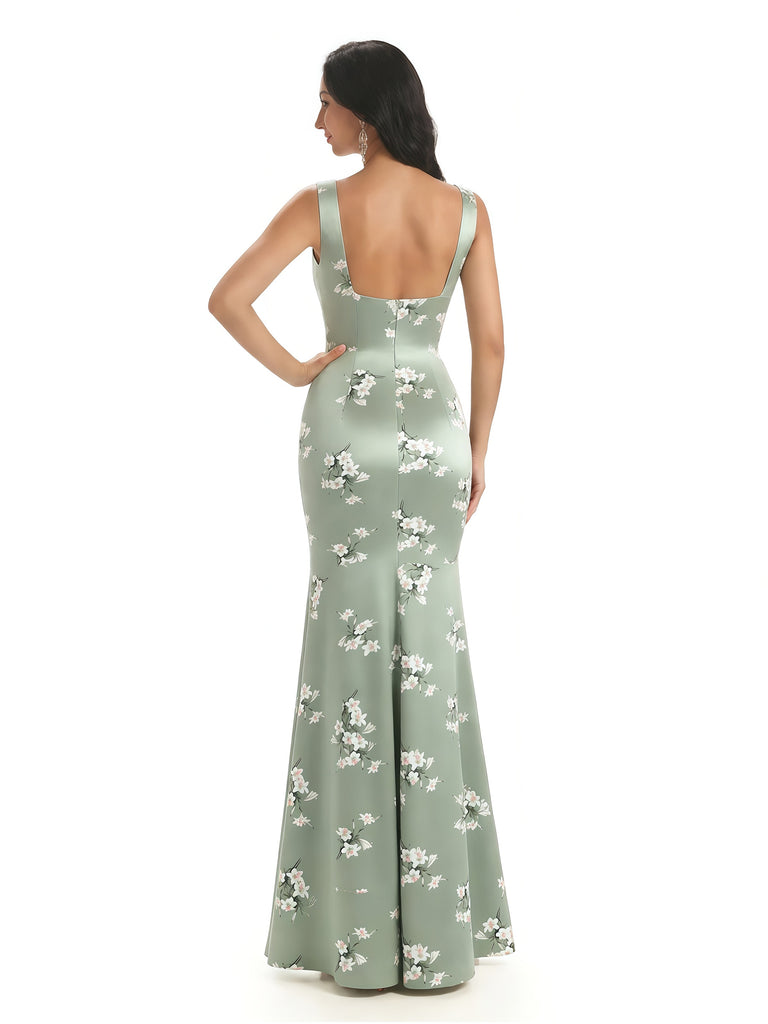 Elegant Spaghetti Straps Square Mermaid Long Satin Floral Formal Evening Dresses For Ladies