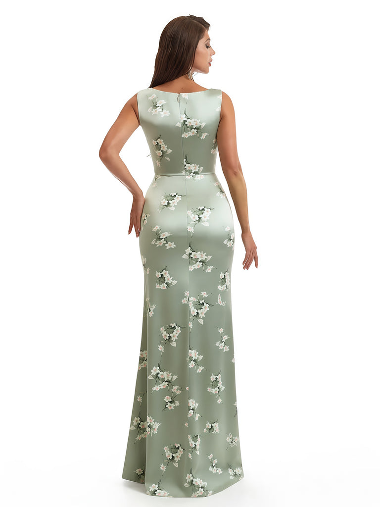 Elegant Spaghetti Straps Cowl Mermaid Long Satin Floral Formal Evening Dresses For Ladies