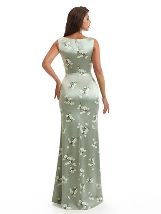 Elegant Spaghetti Straps Cowl Mermaid Long Satin Floral Formal Evening Dresses For Ladies