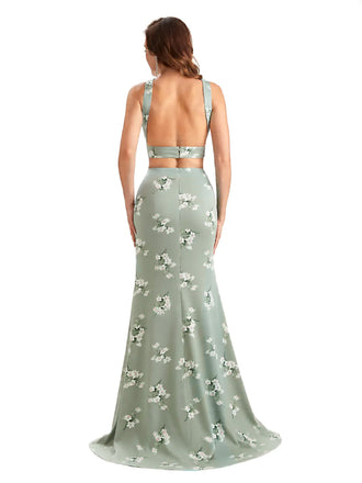 Beautiful Mermaid Halter Two Pieces Floral Satin Maxi Floral Formal Dresses For Women