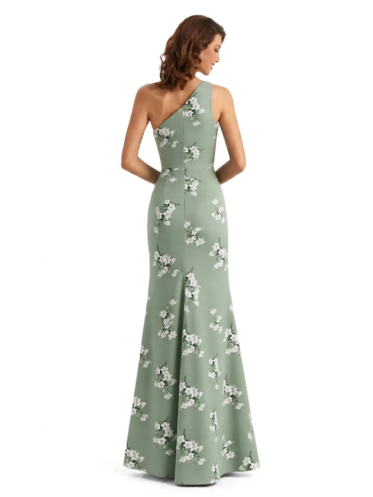 Simple One Shoulder Side Slit Mermaid Floral Satin Maxi Floral Formal Dresses For Women