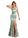 Elegant Strapless Side Slit Mermaid Long Satin Floral Formal Dresses For Women