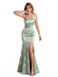 Elegant Strapless Side Slit Mermaid Long Satin Floral Formal Dresses For Women