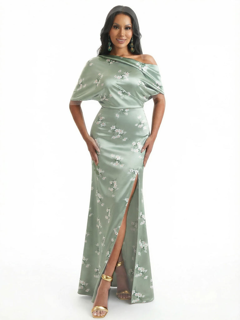 Elegant Half Sleeves Side Slit Mermaid Floral Satin Maxi Floral Formal Dresses For Women