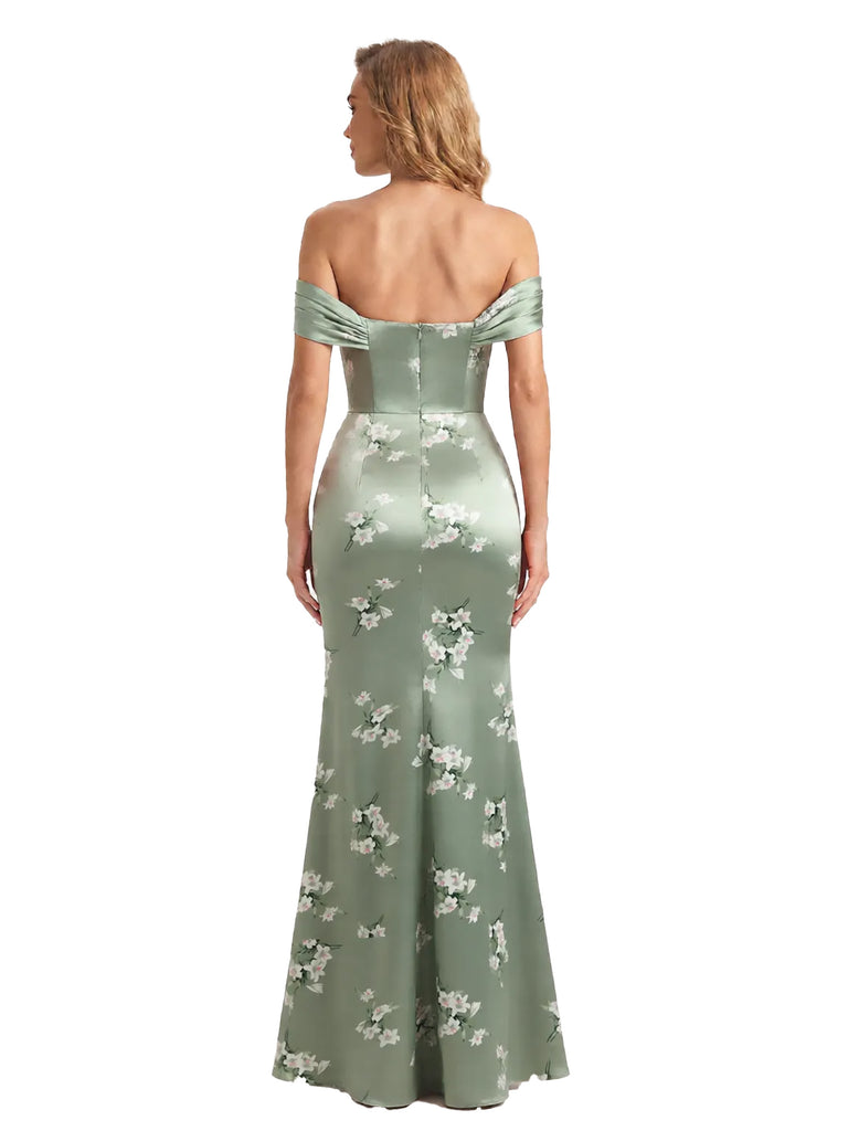 Trendy Off Shoulder Side Slit Mermaid Long Satin Floral Formal Evening Dresses For Ladies
