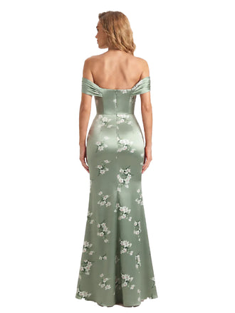 Trendy Off Shoulder Side Slit Mermaid Long Satin Floral Formal Evening Dresses For Ladies