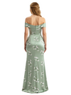 Simple Off Shoulder Side Slit Mermaid Long Satin Floral Formal Evening Dresses For Ladies