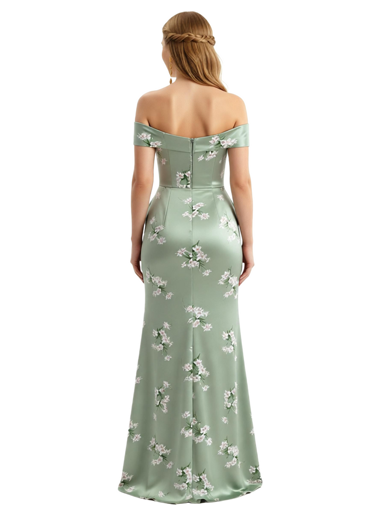 Simple Off Shoulder Side Slit Mermaid Long Satin Floral Formal Evening Dresses For Ladies