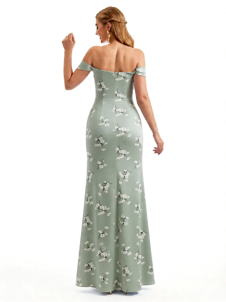 Beautiful Off Shoulder Side Slit Mermaid Floral Satin Maxi Floral Formal Dresses For Women