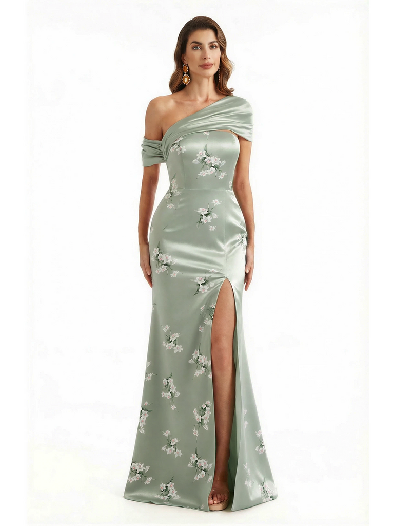 Elegant Asymmetrical Side Slit Mermaid Long Satin Floral Formal Dresses For Women