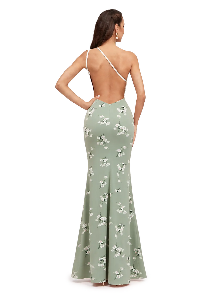 Elegant One Shoulder Mermaid Floral Satin Maxi Floral Formal Dresses For Women