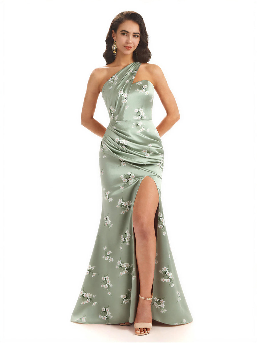 Sexy One Shoulder Side Slit Mermaid Satin Floral Formal Dresses For Women