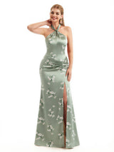 Beautiful Halter Side Slit Mermaid Floral Satin Maxi Floral Formal Dresses For Women