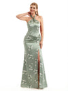 Beautiful Halter Side Slit Mermaid Floral Satin Maxi Floral Formal Dresses For Women