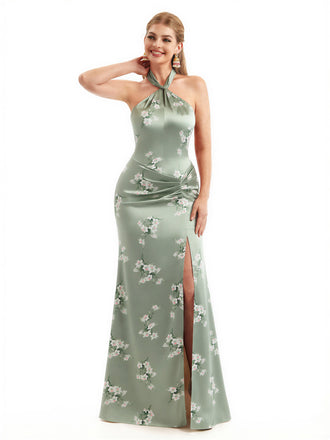 Beautiful Halter Side Slit Mermaid Floral Satin Maxi Floral Formal Dresses For Women