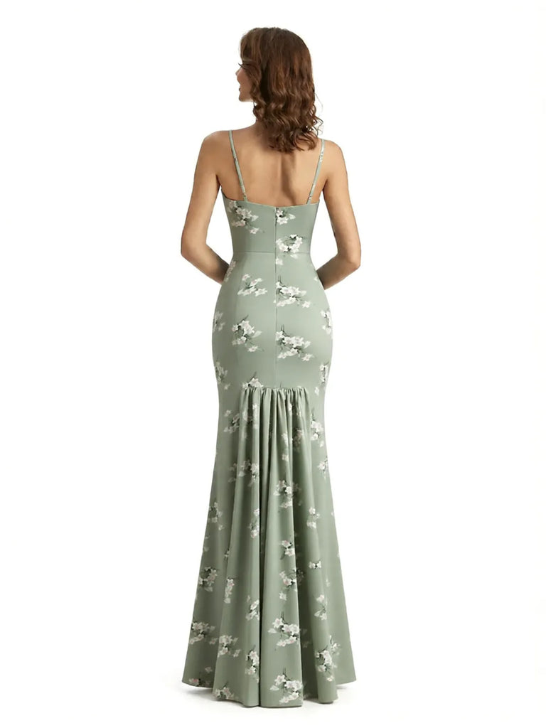 Simple Spaghetti Straps V-Neck Side Slit Mermaid Floral Satin Maxi Floral Formal Dresses For Women