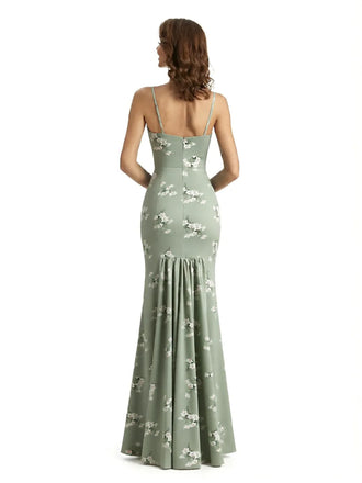 Simple Spaghetti Straps V-Neck Side Slit Mermaid Floral Satin Maxi Floral Formal Dresses For Women