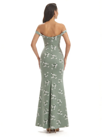 Simple Off Shoulder Mermaid Floral Satin Maxi Floral Formal Dresses For Women