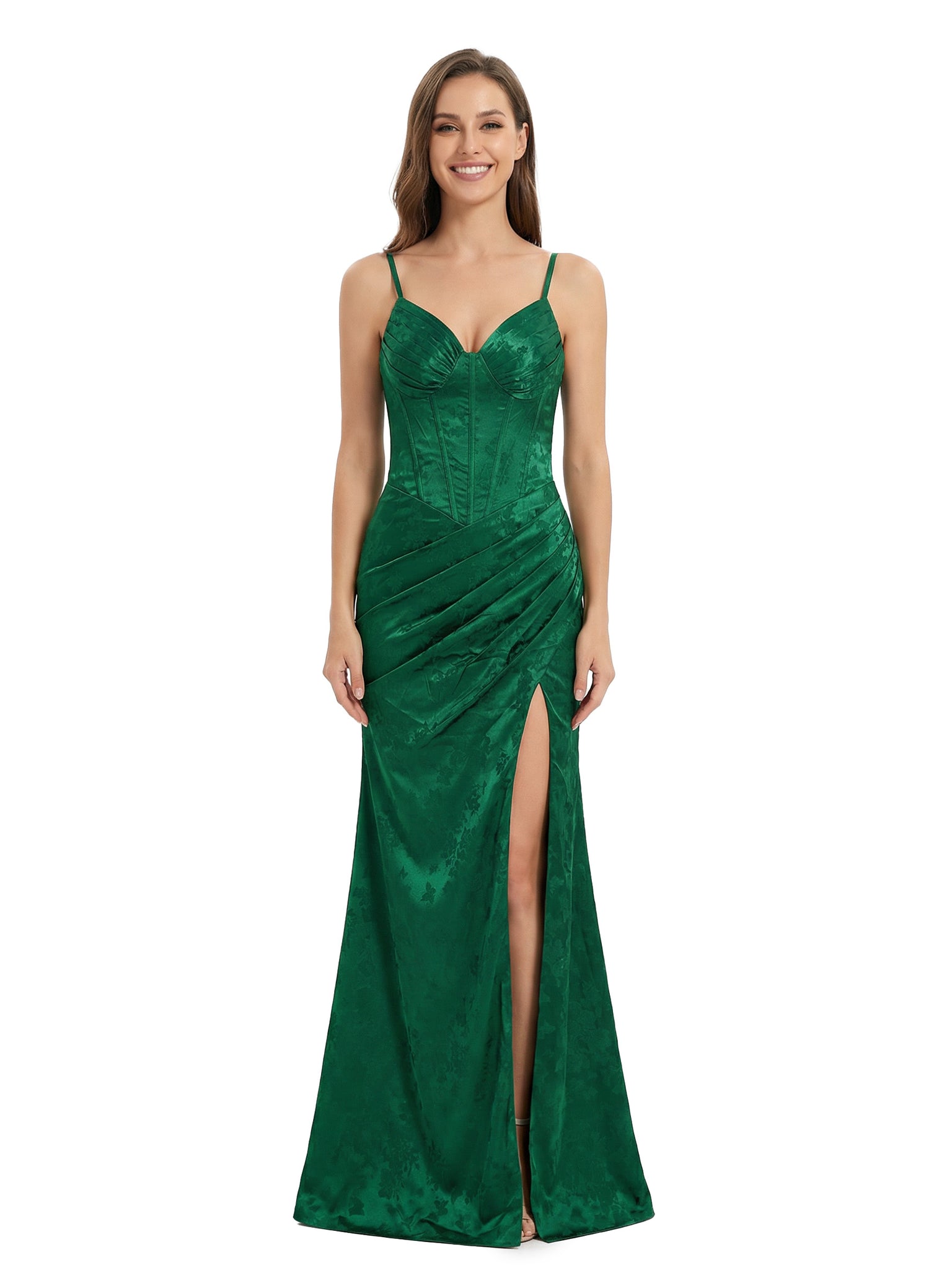 ChicSew Elegant Ruched Jacquard Satin Spaghetti Straps Side Slit Mermaid Long Formal Evening Dresses