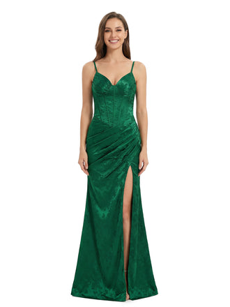 ChicSew Elegant Ruched Jacquard Satin Spaghetti Straps Side Slit Mermaid Long Formal Evening Dresses