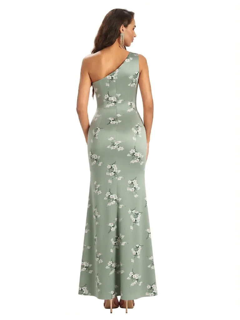 Elegant One Shoulder Mermaid Side Slit Floral Satin Maxi Floral Formal Dresses For Women