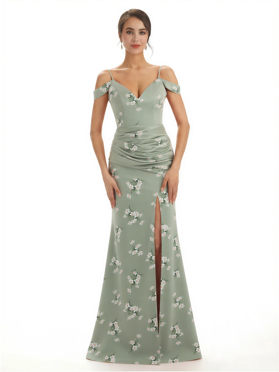 Trendy Cold Shoulder Side Slit Mermaid Floral Satin Maxi Floral Formal Dresses For Ladies