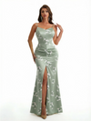 Simple Spaghetti Straps Slit Mermaid Floral Satin Maxi Floral Formal Dresses For Women