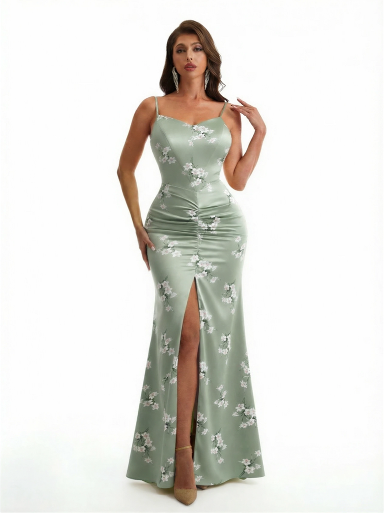 Simple Spaghetti Straps Slit Mermaid Floral Satin Maxi Floral Formal Dresses For Women