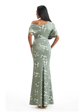 Elegant Half Sleeves Side Slit Mermaid Floral Satin Maxi Floral Formal Dresses For Women